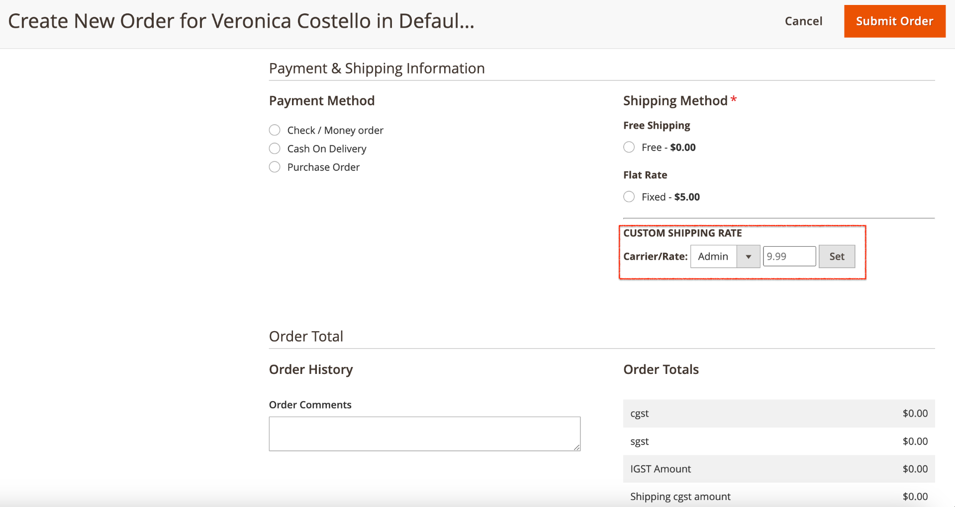 Magento 2 Custom Shipping Rate Backend Order
